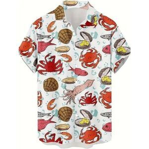 Men’s Short Sleeve Button Down Size Medium Seafood Boil Oyster Crab Octopus Clam